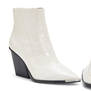 Vince Camuto Pointy Toe Croc Embossed Leather Heeled Bootie - White and Black